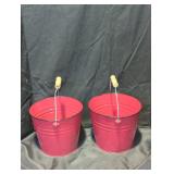 Set of Red Metal Buckets with Wooden Handles
