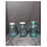 Set of Three Vintage Blue Glass Mason Jars