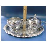 Silver tone tray with creamer and sugar