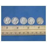 lot of 5 Mercury head dimes
