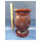 Asian hand carved wood vase floral design