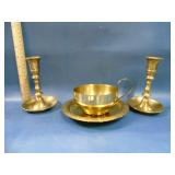 brass candlesticks and cup/saucer set