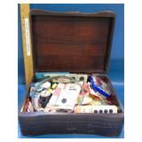 Wooden art deco sewing box with sewing supplies