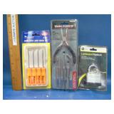 Tool lot new items pliers, lock, pick set