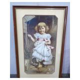 Victorian print girl in dress collecting eggs