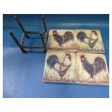4 marble coasters rooster theme with holder