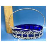 cobalt glass and sterling spoon wire work basket