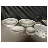 4) CORNING WITH GLASS LIDS AND PLASTIC LIDS