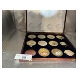 WOOD CASE W/ 9 COINS:  CU, LAYERED IN 24K GOLD