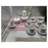 TEA POT, CREAMER, SUGAR & 6 CUPS & SAUCERS MADE BY
