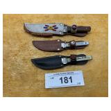 3) SMALL ADVERTISING KNIVES IN SHEATHS-ABERDEEN SD