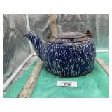 CAST IRON BLUE GRANITEWARE TEAPOT,