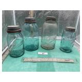 3) BLUE & 1) CLEAR JARS WITH ZINC LIDS
