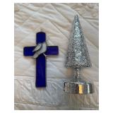 Blue stained glass cross & Light up tree