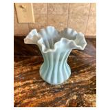 Fenton Blue Opalescent Rib Striped Ruffle Vase