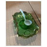 Green glass, candy dish, and milk glass spoon