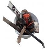 Bucket Of Tools (Pipe Wrench, Saw, Level)