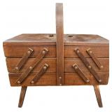 Vintage Wooden Accordion Sewing Box With Jewelry