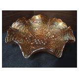 Marigold Carnival glass Bowl With a Grapes And