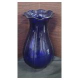 Cobalt Blue Hand-Blown Glass Vase With A Ruffled