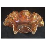 Marigold Carnival Glass Ruffled Edge Bowl