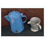 Vintage Blue Speckled Enamelware Coffee Pot And a
