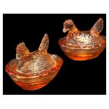 Pair Miniature Pink Hens on Nest