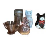 Pink Depression Bell, Sugar Bowl, Cat & Honeybear