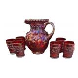 Fenton Apple Tree Red Carnival Pitcher & 6