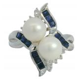 Elegant Double Pearl & Sapphire Ring
