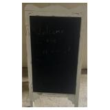 distressed white wood A-frame chalkboard ease