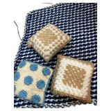 Blue & White Afghan & 3 Crocheted Pillows