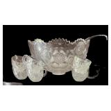 Pressed Glass Punch Bowl, Glass Ladle & Cups