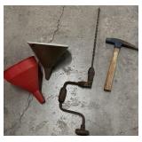 Box Deal Of Tools Such As Funnels, Hand Drill,