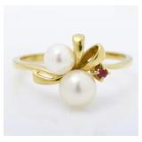 18kt Gold Mikimoto Pearl & Ruby Ring