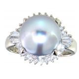 Platinum Gray Pearl & Natural Diamond Ring