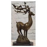 Stag Deer W Branch Antlers Bronze Statue on Marble