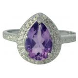 Pear Cut 1.40 ct Natural Amethyst & Diamond Ring
