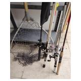 5 fishing poles (4 with reels) and net