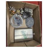 Flask, belt buckle and other items