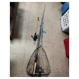 3 fishing rods, ice fishing pole and net