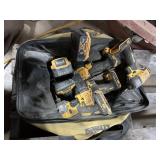 3 Dewalt drills, flashlight, 3 batteries