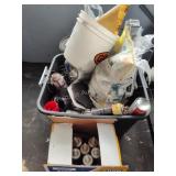 Paint and fluids (some empty), liquid nails and