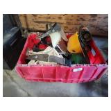 Tote of tool pouches, hard hats and other