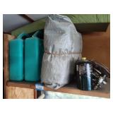 Water jugs, propane heater, tarp