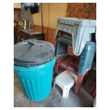 Garbage cans, step stools, table
