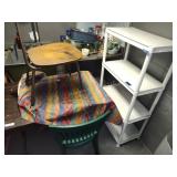 Plastic shelf, 2 tables, 3 chairs