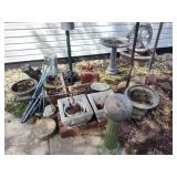 Birdbath, planters, decor