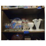 Old Style glass set and Contents of shelf next to