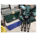 Camp chair and 2 coolers
